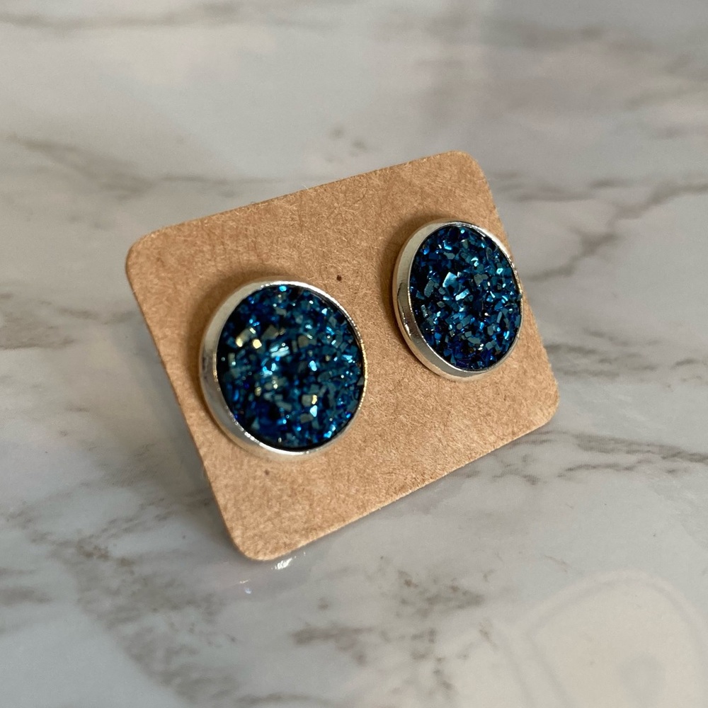 Dark Navy Blue Druzy Glitter Stud Earring
